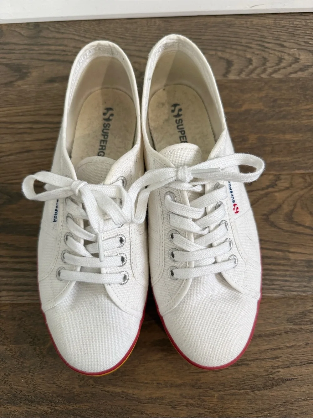Superga White Canvas Platform Sneakers with Rainbow Stripe Sole